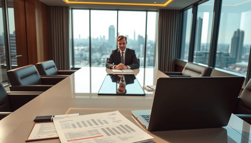 A corporate boardroom with sleek, modern furnishings. In the foreground, a laptop and documents detailing collateral valuation for a business loan. The middle ground features a professional-looking businessman in a suit, engaged in discussion with a banking executive. Soft, directional lighting casts a professional, serious tone. The background shows a panoramic city skyline visible through large windows, suggesting the high-stakes, commercial setting. The composition conveys the importance of collateral assessment in securing funding without personal guarantees, a key consideration for business owners.