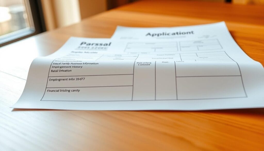 A detailed business application form laid out on a wooden desk, illuminated by warm, natural lighting from a nearby window. The form features various fields for personal information, employment history, and financial details. The layout is clean and organized, with subtle grid lines guiding the viewer's eye. The background is slightly blurred, creating a sense of focus on the application form itself. The overall mood is professional, inviting, and conveys a sense of secure, streamlined application process.