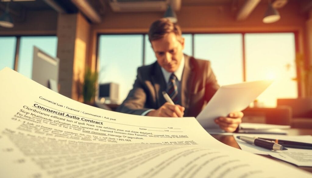 A high-resolution, detailed illustration of commercial auto loans. In the foreground, a closeup of a car loan contract with legal jargon and figures. In the middle ground, a businessman in a suit reviewing and signing the contract, conveyed with a serious, focused expression. In the background, an office setting with a desk, computer, and financial documents, bathed in warm, natural lighting from a large window. The overall mood is professional, authoritative, and business-oriented, reflecting the value and importance of business vehicle financing.