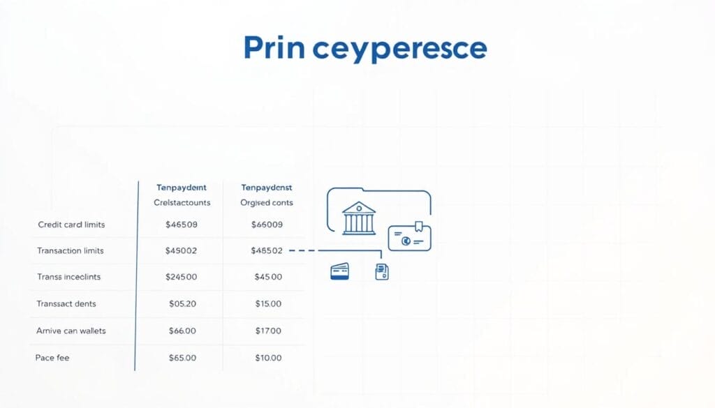 A clean, modern infographic comparing various payment processing fee structures and rates. The foreground shows a side-by-side comparison of different plans, with clear visualizations of the fees, transaction limits, and processing speeds. The middle ground depicts a stylized illustration of a transaction flow, with credit cards, bank accounts, and digital wallets. The background features a minimalist grid pattern, conveying a sense of organization and structure. The lighting is crisp and even, with a slight warm tone to create a professional, trustworthy atmosphere. The camera angle is slightly elevated, giving the viewer a comprehensive overview of the comparative information.