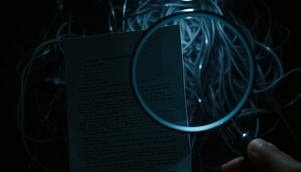 A dark, ominous financial statement hovers in the foreground, its fine print revealing hidden fees and surcharges for credit card processing. In the middle ground, a magnifying glass scrutinizes the document, casting an eerie glow. The background is a maze of tangled wires and circuits, hinting at the complex, obscured infrastructure behind seemingly simple transactions. The lighting is dramatic, with heavy shadows and a sense of unease, conveying the hidden costs and potential pitfalls of credit card processing that consumers must navigate.