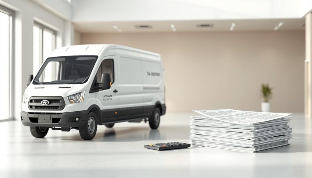 A detailed 3D rendering of a commercial delivery van or truck in a well-lit, modern office setting. The vehicle is positioned in the foreground, showcasing its various tax-deductible features such as cargo space, specialized equipment, and fuel efficiency. In the middle ground, a stack of financial documents and a calculator represent the tax deduction and depreciation benefits associated with commercial vehicle ownership. The background features a clean, minimalist office environment with neutral-toned walls and large windows, creating a professional and informative atmosphere.