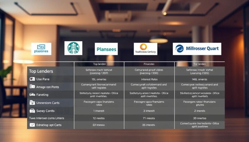 A detailed comparison of commercial vehicle lenders, showcasing their offerings side-by-side in a well-organized and visually striking layout. The foreground features clean, minimalist icons and logos of the top lenders, presented in a grid or table format. The middle ground displays informative yet concise product details, interest rates, and financing options. The background depicts a sleek, modern office setting with warm lighting and subtle textures, creating a professional and trustworthy atmosphere. The overall composition strikes a balance between informative data and an appealing, premium aesthetic suitable for a business-focused publication.