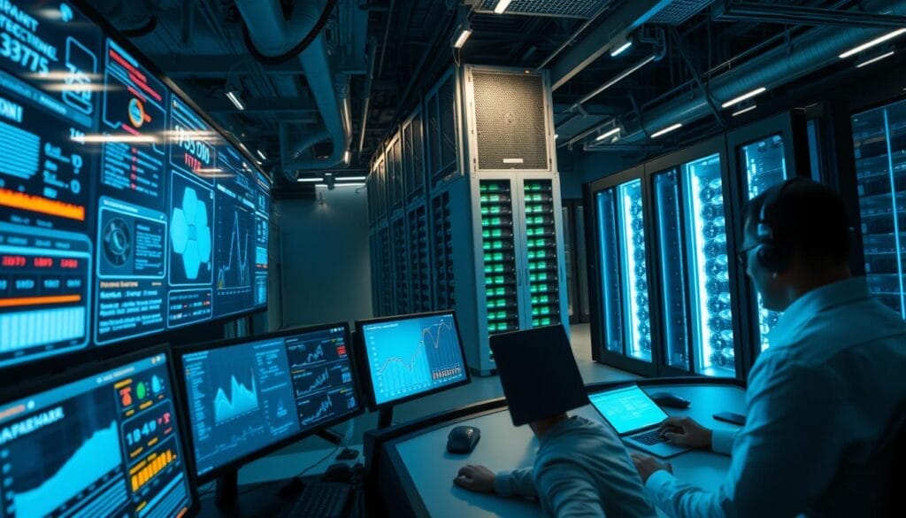 A high-tech surveillance system monitors a network of secure transactions, with a central hub illuminated by a soft, diffused glow. In the foreground, a series of data visualization screens display real-time fraud detection metrics, warning signals, and intricate algorithms. The middle ground features a sleek, minimalist control panel manned by vigilant operators, their attention fixed on the task at hand. In the background, a towering data center stands as a fortress, its intricate cabling and cooling systems hinting at the complex infrastructure powering this robust security solution. Lighting is cool and clinical, conveying a sense of precision and professionalism, while the overall composition suggests an unwavering commitment to safeguarding the integrity of high-volume financial transactions.