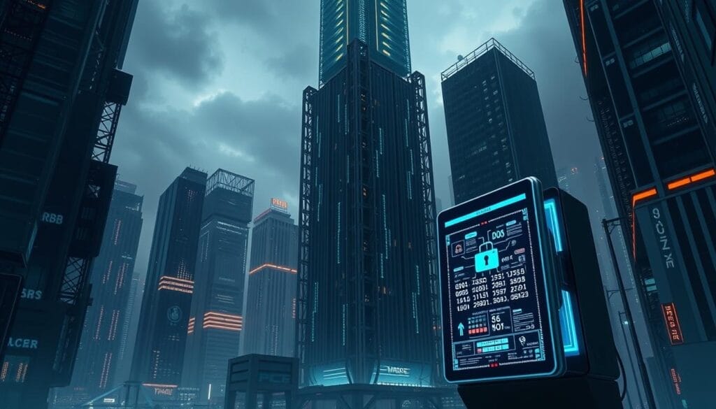 A majestic tower of data security, its intricate architecture symbolizing the rigorous PCI compliance standards. Sleek metal and glass structures rise against a backdrop of a dimly lit cyberpunk cityscape, neon lights casting an ethereal glow. In the foreground, a secure transaction terminal stands as a sentinel, its interface projecting a holographic display of encrypted data streams. The scene conveys a sense of unwavering protection, where the latest cryptographic protocols and access controls safeguard high-volume financial transactions, even in the most challenging environments.