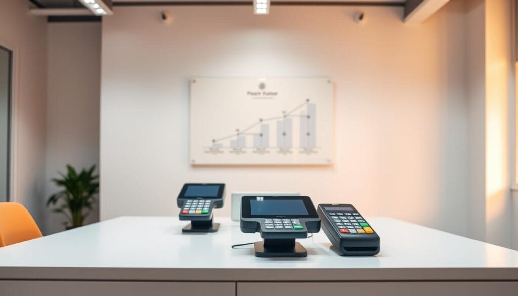 A modern, minimalist office interior with sleek, functional payment processing terminals on a clean, uncluttered desk. The lighting is warm and diffused, creating a calm, professional atmosphere. In the background, a simple wall display showcases a diagram or infographic illustrating the efficiency and cost-effectiveness of the payment processing solution. The overall scene conveys a sense of streamlined, scalable transaction processing tailored for growing businesses.