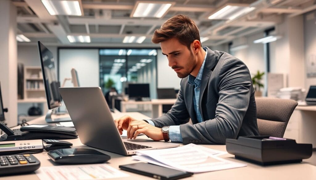 A modern, well-lit office interior with a businessman at a desk, intensely focused on a laptop screen, surrounded by financial documents, calculators, and an array of payment processing equipment. The scene has a sense of efficiency and professionalism, with clean lines, neutral tones, and strategic lighting to highlight the key elements. The businessman's facial expression conveys deep concentration as he works to meticulously calculate the processing costs associated with various merchant payment solutions, crucial information for an article on affordable options for startups.