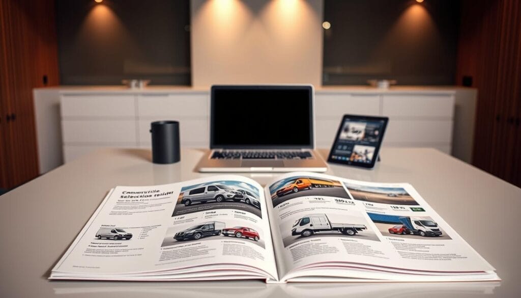 A professional-grade commercial vehicle selection guide displayed on a sleek, modern desk. The guide presents a range of vehicle options, each showcased with detailed specifications, performance metrics, and visual assets. The foreground features an open catalog with crisp, high-resolution images of various work trucks, vans, and cargo vehicles. The middle ground displays a laptop and tablet, highlighting digital resources for researching and comparing models. The background sets a sophisticated, minimalist scene with subtle ambient lighting, wooden accents, and a tasteful color palette. The overall composition conveys an air of efficiency, research, and informed decision-making for a business auto loan applicant.