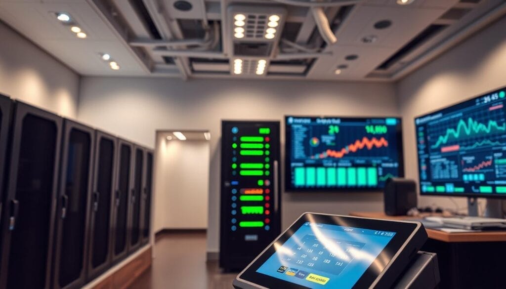 A robust payment processing system in a sleek, modern office setting. In the foreground, a touchscreen terminal displays a secure, encrypted transaction interface. The middle ground features server racks and network cables, conveying the technical backbone powering high-volume transactions. Soft, indirect lighting casts an aura of reliability and efficiency. In the background, a large monitor displays real-time transaction data and analytics, highlighting the system's scalability and performance. An overall atmosphere of professionalism, security, and technological sophistication permeates the scene.