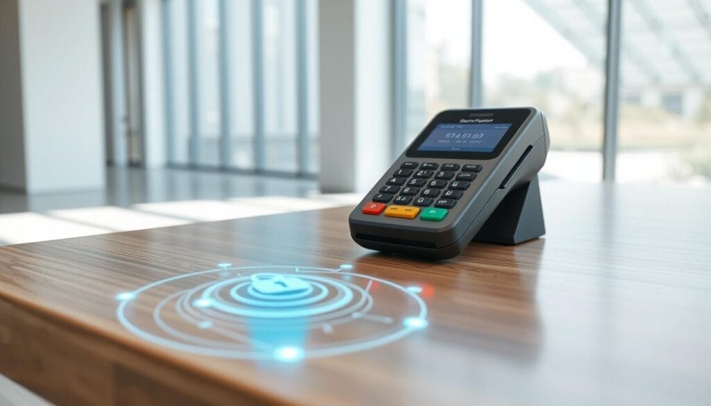 A secure payment terminal rests on a polished wooden desk, its sleek design and LED indicators suggesting advanced processing capabilities. The background features a sleek, minimalist office setting, with large windows letting in soft, even lighting. A subtle grid pattern in the flooring and walls conveys a sense of order and precision. In the foreground, holographic security indicators project from the terminal, visualizing the layers of encryption and authentication required for high-volume, low-latency transactions. The overall atmosphere is one of modern, efficient professionalism, where technology and security work in harmony to enable a smooth, seamless payment experience.