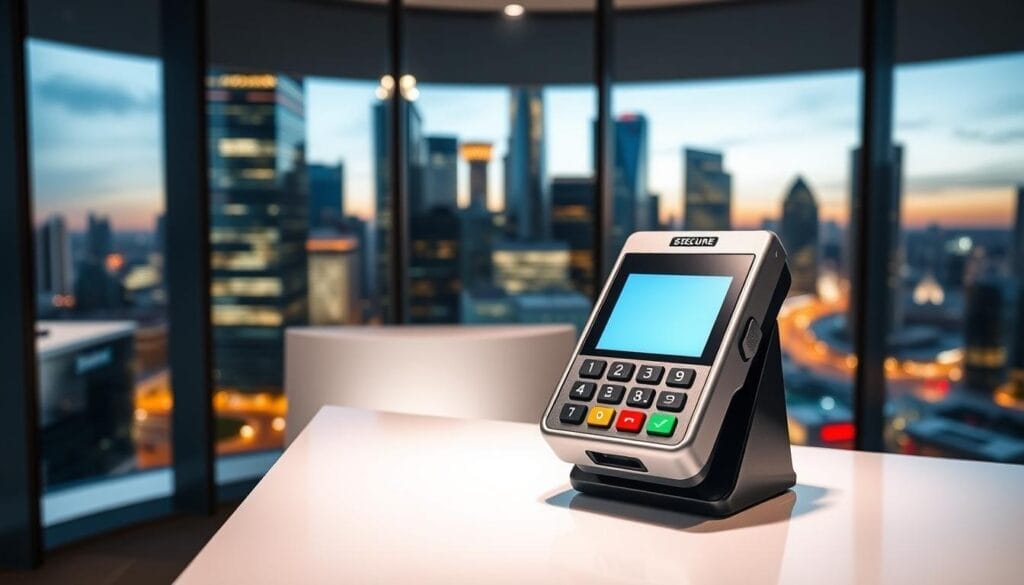 A secure payment terminal stands on a sleek, modern desk, its display illuminated by soft, indirect lighting. The terminal's clean, minimalist design conveys a sense of trust and reliability. In the background, a cityscape of towering skyscrapers and bustling streets is visible through floor-to-ceiling windows, suggesting the terminal's integration into a thriving, high-tech business environment. The scene is captured with a sharp, wide-angle lens, emphasizing the terminal's prominence and the overall sense of security and professionalism.