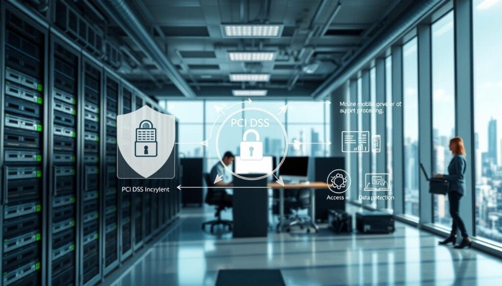 A security-focused data center with rows of servers and networking equipment. In the foreground, a schematic diagram showcases PCI DSS compliance protocols for secure payment processing, with icons representing encryption, access control, and data protection. The middle ground features technicians monitoring systems and analyzing real-time data. The background depicts a sleek, modern office space with large windows overlooking a bustling city skyline. The lighting is crisp and clean, creating a sense of professionalism and reliability. The overall atmosphere conveys a high-tech, security-conscious environment dedicated to delivering fast, secure mobile credit card solutions.