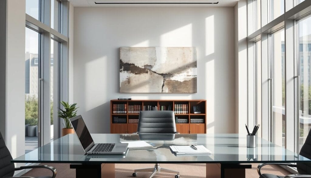 A serene office space with floor-to-ceiling windows, allowing natural light to stream in. In the foreground, a sleek, glass-topped desk with a laptop, papers, and a pen holder. Behind it, a bookshelf filled with legal and financial tomes. On the wall, a striking abstract painting in muted tones, symbolic of the careful balance between risk and compliance. The room has a sense of order and professionalism, conveying the importance of risk management in high-volume transaction processing. The mood is one of thoughtful deliberation, with a touch of modern elegance.