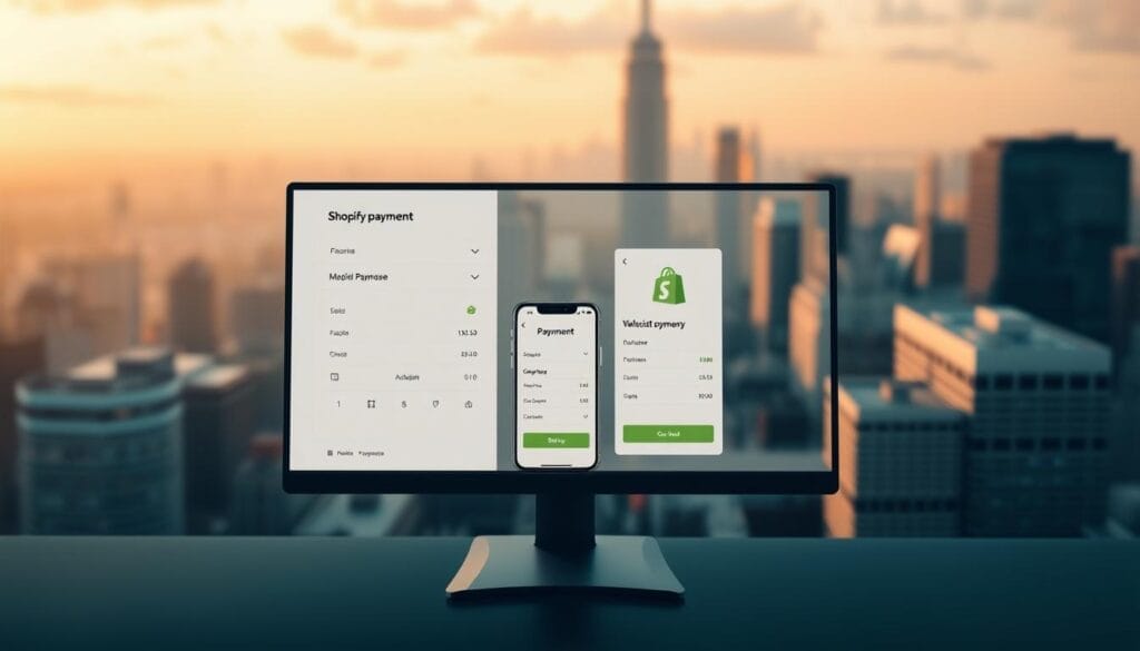 A sleek, modern e-commerce payment interface with a clean, minimalist design. In the foreground, a desktop computer screen displays a Shopify payment gateway, with clean icons, intuitive user controls, and a seamless checkout flow. The middle ground features a smartphone mockup, showcasing the mobile-responsive design and effortless payment experience. In the background, a soft, blurred cityscape provides a stylish, urban setting, conveying a sense of reliability and professionalism. Warm, diffused lighting creates a refined, high-quality atmosphere, while the camera angle suggests a birds-eye view, emphasizing the integration and centrality of the payment system within the e-commerce ecosystem.