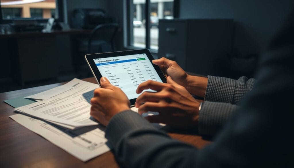 A small business owner sits at a desk, reviewing financial documents and a tablet displaying credit card transaction fees. The scene is dimly lit, creating a contemplative atmosphere. The foreground features the business owner's hands, the documents, and the tablet, while the background showcases a simple office setting with a desk, filing cabinet, and a window view of a city street. The lighting is soft, with subtle shadows that accentuate the details of the scene. The overall mood is one of consideration and concern, as the small business owner grapples with the impact of transaction fees on their financial well-being.
