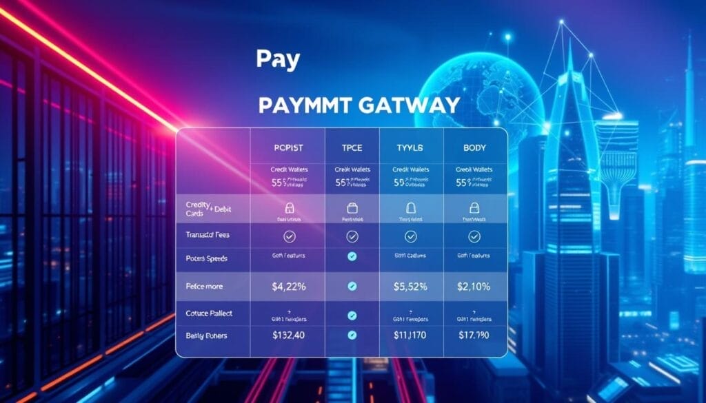 A vibrant, technologically-advanced digital payment gateway comparison interface, showcasing various payment options side-by-side. The foreground features a sleek, minimal design with clear icons and labels for different payment methods, such as credit/debit cards, digital wallets, and bank transfers. The middle ground highlights comparative metrics like transaction fees, processing speeds, and security features, presented in a clean, infographic-style layout. The background depicts a futuristic cityscape with skyscrapers, neon lights, and a dynamic data visualization, evoking a sense of innovation and global connectivity. Lighting is cool-toned, with a hint of metallic sheen to convey a professional, high-tech aesthetic. The overall composition strikes a balance between form and function, inviting the viewer to explore the key features of multi-currency processing solutions.
