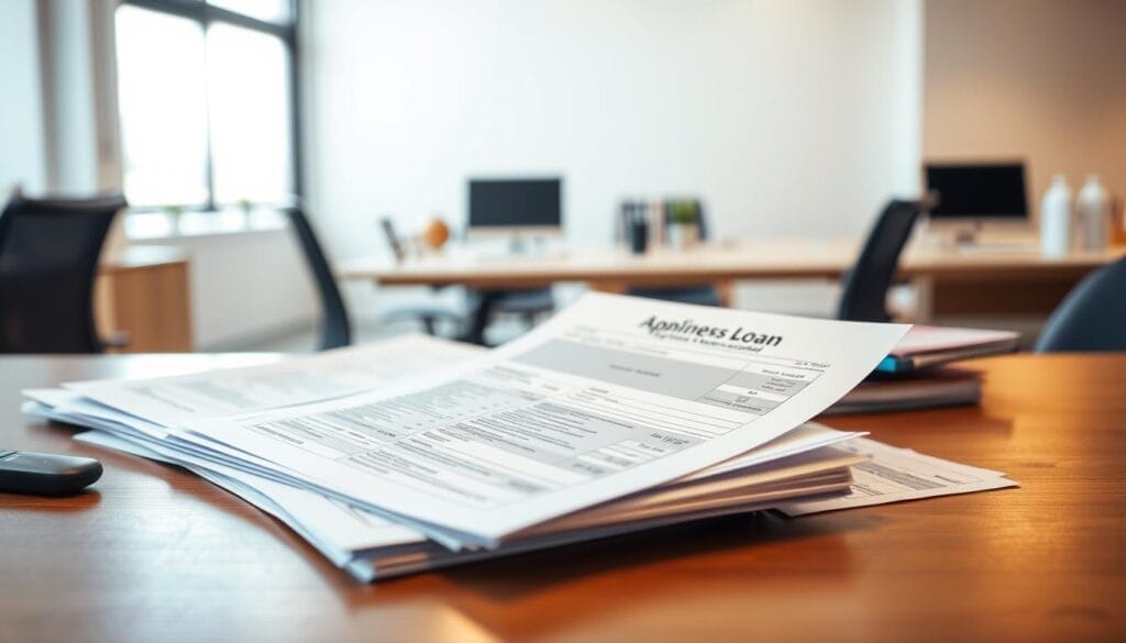 A well-lit, high-resolution image of a desk with neatly arranged business loan documents, including application forms, tax statements, and financial statements. The documents should have a professional and organized appearance, with a sense of attention to detail. The background should be a clean and minimalist office setting, with subtle hints of office equipment and furniture to provide context. The lighting should be soft and diffused, creating a warm and inviting atmosphere that conveys a sense of trustworthiness and reliability. The overall composition should be balanced and visually appealing, drawing the viewer's attention to the important documents at the center of the frame.