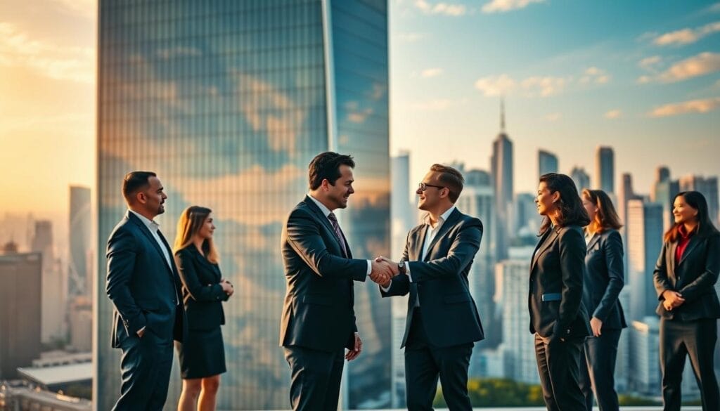 a large, sleek skyscraper with glass facades reflecting a bustling city skyline in the background, illuminated by warm golden sunlight; in the foreground, a group of diverse business professionals in formal attire confidently shaking hands, symbolizing global collaboration and growth; the scene conveys a sense of international success, innovation, and the boundless opportunities of a thriving global economy
